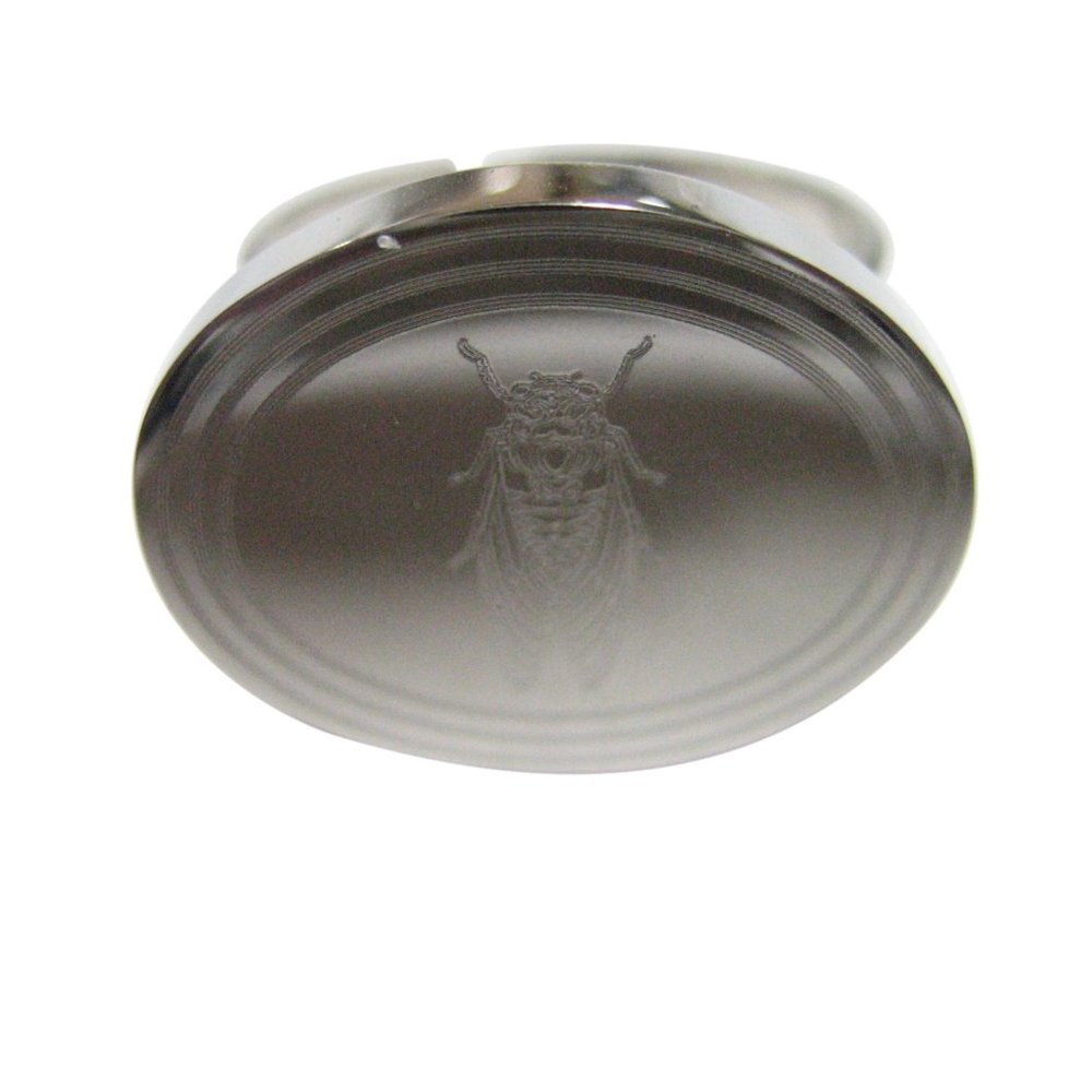 Etched Oval Cicada Bug Adjustable Size Ring